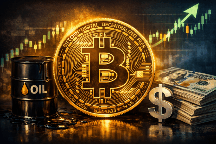 Imagem realista e impactante representando o bitcoin em destaque no centro, com símbolo dourado reluzente e detalhes digitais que remetem à tecnologia blockchain. À esquerda, um barril de petróleo preto com líquido escorrendo simboliza a influência do mercado energético. À direita, pilhas de dólares e um cifrão prateado reforçam a relação entre bitcoin, câmbio e economia global. Ao fundo, um gráfico financeiro em alta sugere valorização do bitcoin no cenário econômico atual. A iluminação em tons de dourado e azul transmite sofisticação e seriedade, ideal para ilustrar matérias sobre cotação do bitcoin, petróleo e dólar.