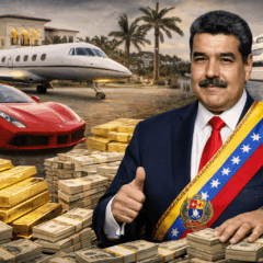 Imagem jornal&iacute;stica realista em formato horizontal que ilustra o patrim&ocirc;nio atribu&iacute;do a Nicol&aacute;s Maduro. Em destaque, o presidente da Venezuela aparece em traje formal presidencial, posicionado &agrave; frente de s&iacute;mbolos de alto valor financeiro, como barras de ouro, grandes quantidades de d&oacute;lares, um jato executivo, um iate de luxo e um carro esportivo de alto padr&atilde;o. O cen&aacute;rio remete a bens de luxo associados a fortunas bilion&aacute;rias, conectando poder pol&iacute;tico, riqueza acumulada e investiga&ccedil;&otilde;es sobre patrim&ocirc;nio no contexto venezuelano.