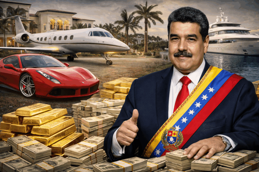Imagem jornalística realista em formato horizontal que ilustra o patrimônio atribuído a Nicolás Maduro. Em destaque, o presidente da Venezuela aparece em traje formal presidencial, posicionado à frente de símbolos de alto valor financeiro, como barras de ouro, grandes quantidades de dólares, um jato executivo, um iate de luxo e um carro esportivo de alto padrão. O cenário remete a bens de luxo associados a fortunas bilionárias, conectando poder político, riqueza acumulada e investigações sobre patrimônio no contexto venezuelano.