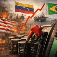 Imagem jornal&iacute;stica realista em formato horizontal que representa os impactos da crise entre Estados Unidos e Venezuela sobre o petr&oacute;leo brasileiro. A composi&ccedil;&atilde;o visual conecta s&iacute;mbolos geopol&iacute;ticos dos EUA e da Venezuela a instala&ccedil;&otilde;es petrol&iacute;feras, plataformas de extra&ccedil;&atilde;o e barris de petr&oacute;leo. Em primeiro plano, uma bomba de combust&iacute;vel com pre&ccedil;os em reais destaca a rela&ccedil;&atilde;o entre tens&atilde;o internacional, oferta global de petr&oacute;leo e reflexos diretos no custo dos combust&iacute;veis no Brasil.