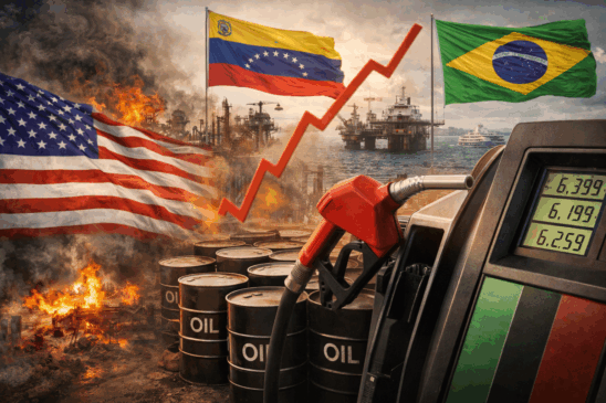 Imagem jornalística realista em formato horizontal que representa os impactos da crise entre Estados Unidos e Venezuela sobre o petróleo brasileiro. A composição visual conecta símbolos geopolíticos dos EUA e da Venezuela a instalações petrolíferas, plataformas de extração e barris de petróleo. Em primeiro plano, uma bomba de combustível com preços em reais destaca a relação entre tensão internacional, oferta global de petróleo e reflexos diretos no custo dos combustíveis no Brasil.