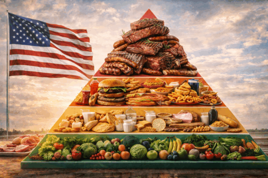 Imagem jornalística realista em formato horizontal que representa a inversão da pirâmide alimentar nos Estados Unidos. A composição mostra uma pirâmide de alimentos redesenhada, com carnes vermelhas e proteínas animais no topo, seguidas por alimentos industrializados e laticínios, enquanto frutas, legumes e vegetais aparecem na base. Ao fundo, a bandeira dos Estados Unidos contextualiza a mudança nas diretrizes alimentares americanas, associando política pública, hábitos de consumo e impacto no setor de alimentos.