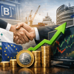 Imagem horizontal e realista que representa o impacto do acordo MERCOSUL-UE no mercado financeiro brasileiro. Em primeiro plano, executivos apertam as m&atilde;os simbolizando o acordo comercial entre Mercosul e Uni&atilde;o Europeia, com as bandeiras do Brasil e da Uni&atilde;o Europeia ao fundo. &Agrave; direita, um monitor exibe gr&aacute;fico de a&ccedil;&otilde;es em forte alta, com seta verde apontando para cima, indicando valoriza&ccedil;&atilde;o na B3. Moedas de real empilhadas refor&ccedil;am o efeito positivo do MERCOSUL-UE sobre investimentos, exporta&ccedil;&otilde;es e empresas listadas na bolsa brasileira. Ao fundo, aparecem o pr&eacute;dio da B3, navios cargueiros e estruturas portu&aacute;rias, conectando o acordo MERCOSUL-UE ao com&eacute;rcio internacional, log&iacute;stica e mercado de capitais.