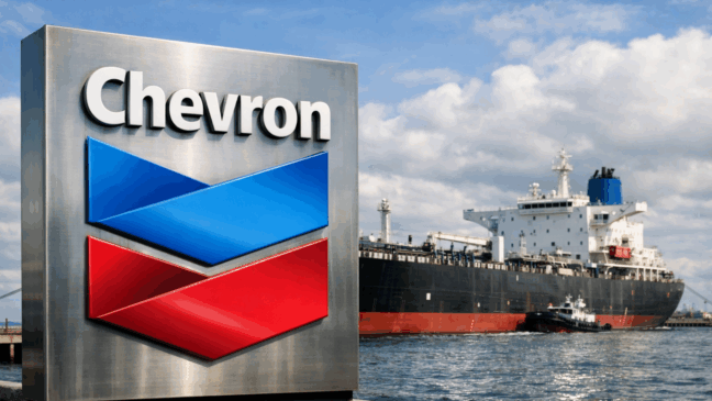 placa da chevron em frente a navio de petróleo