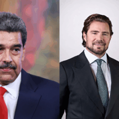 Imagem lado a lado de Daniel Vorcaro, empres&aacute;rio brasileiro que investiu US$ 150 milh&otilde;es no setor de petr&oacute;leo da Venezuela, e Nicol&aacute;s Maduro, presidente venezuelano. A foto representa visualmente o contexto pol&iacute;tico e econ&ocirc;mico que envolve o investimento de alto risco feito por Vorcaro em po&ccedil;os de extra&ccedil;&atilde;o de petr&oacute;leo venezuelano. Ideal para conte&uacute;dos sobre neg&oacute;cios internacionais, apostas estrat&eacute;gicas e a tens&atilde;o entre capital privado e regimes inst&aacute;veis. Palavra-chave estrat&eacute;gica: Vorcaro petr&oacute;leo Venezuela.