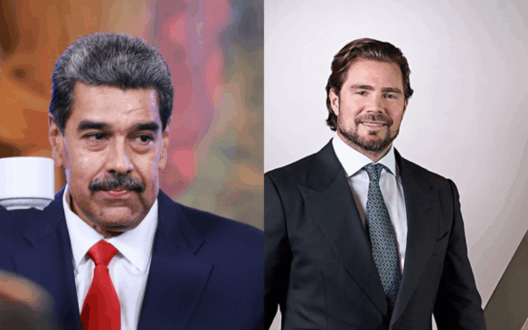 Imagem lado a lado de Daniel Vorcaro, empresário brasileiro que investiu US$ 150 milhões no setor de petróleo da Venezuela, e Nicolás Maduro, presidente venezuelano. A foto representa visualmente o contexto político e econômico que envolve o investimento de alto risco feito por Vorcaro em poços de extração de petróleo venezuelano. Ideal para conteúdos sobre negócios internacionais, apostas estratégicas e a tensão entre capital privado e regimes instáveis. Palavra-chave estratégica: Vorcaro petróleo Venezuela.