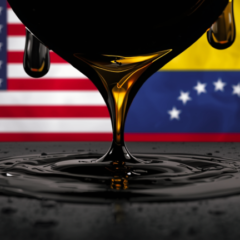 Donald Trump aparece em pronunciamento oficial enquanto barris de petr&oacute;leo e infraestrutura energ&eacute;tica da Venezuela ilustram acordo entre os pa&iacute;ses, com impacto direto na importacao de petr&oacute;leo, no com&eacute;rcio internacional e no mercado global de energia.